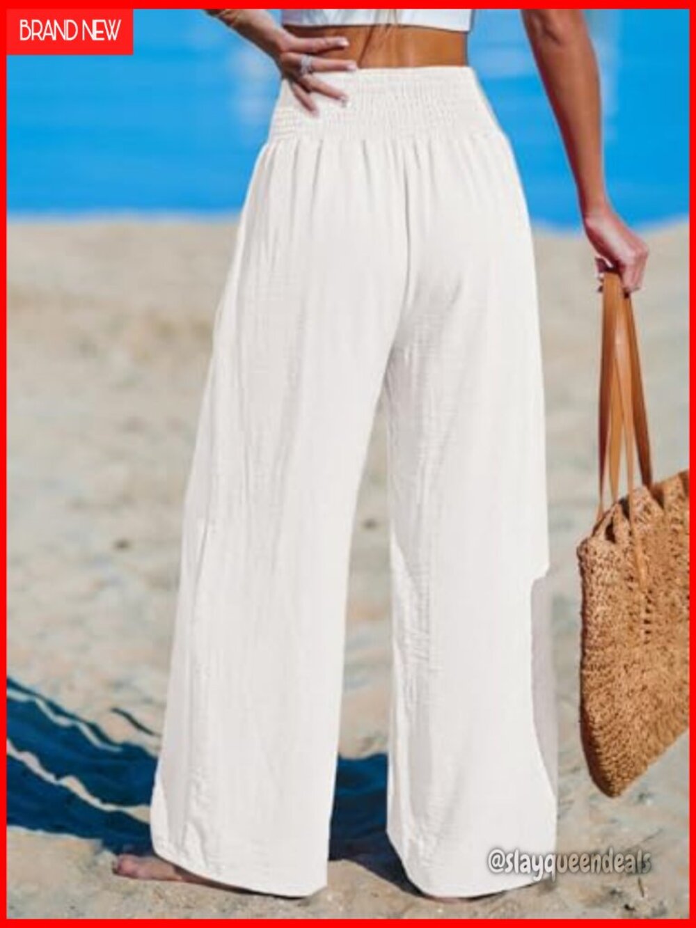 Wide Leg Palazzo Pants High Waisted Flowy Summer Beach Pants with Pockets - Picture 5 of 7